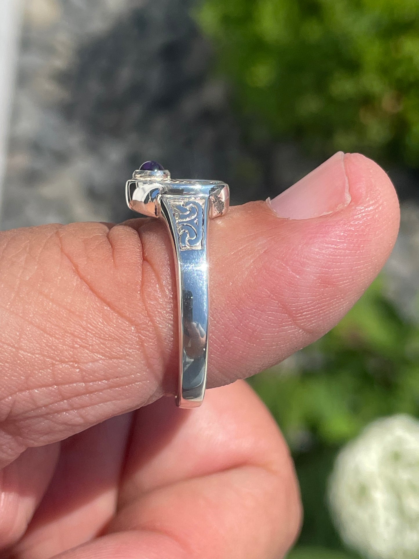 925 Sterling Silver Viking Etched Amethyst Stone Crescent Moon Ring Size 11