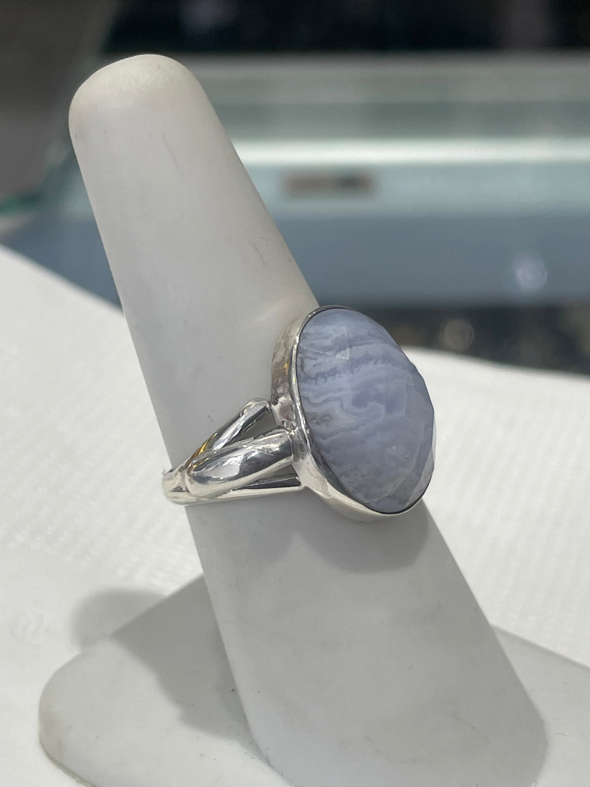 925 Sterling Silver Blue Lace Agate Solitaire Statement Ring Size 6.5