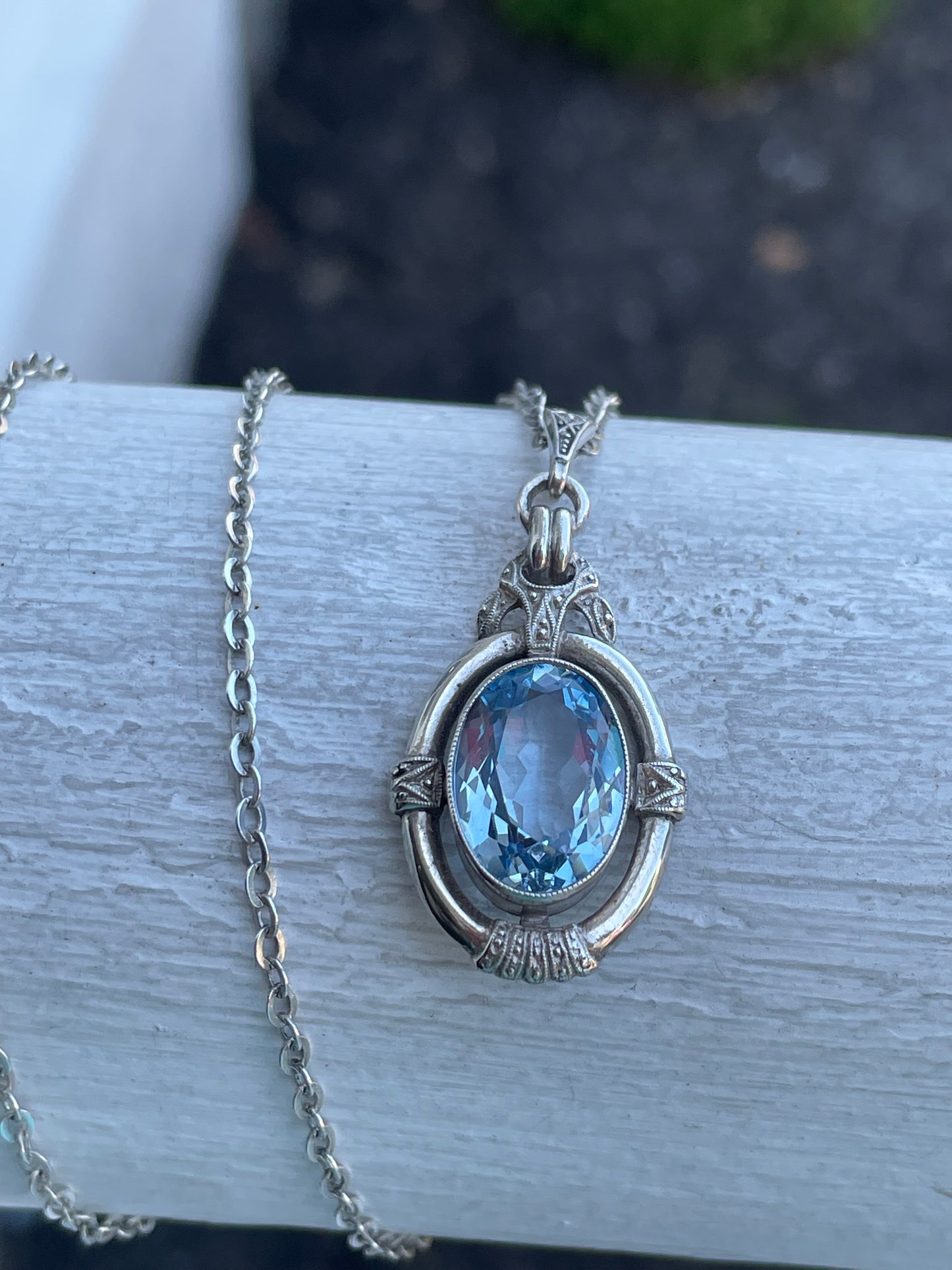925 Sterling Silver Vintage Sky Blue Topaz Necklace w/ 24” Chain