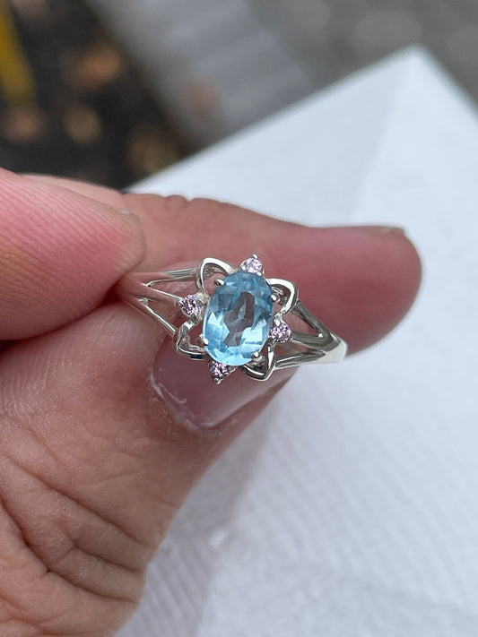 925 Sterling Silver Blue Topaz & Pink Zirconia Solitaire Ring Size 7