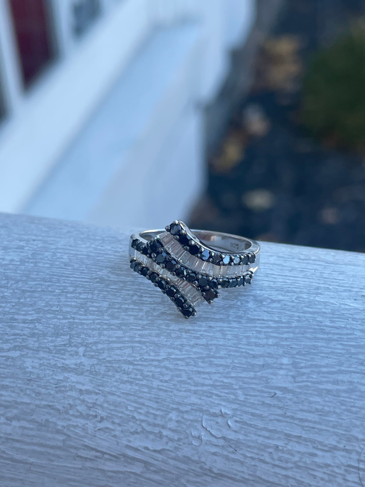 925 Sterling Silver Natural Black & White Diamond Bypass Ring Size 7