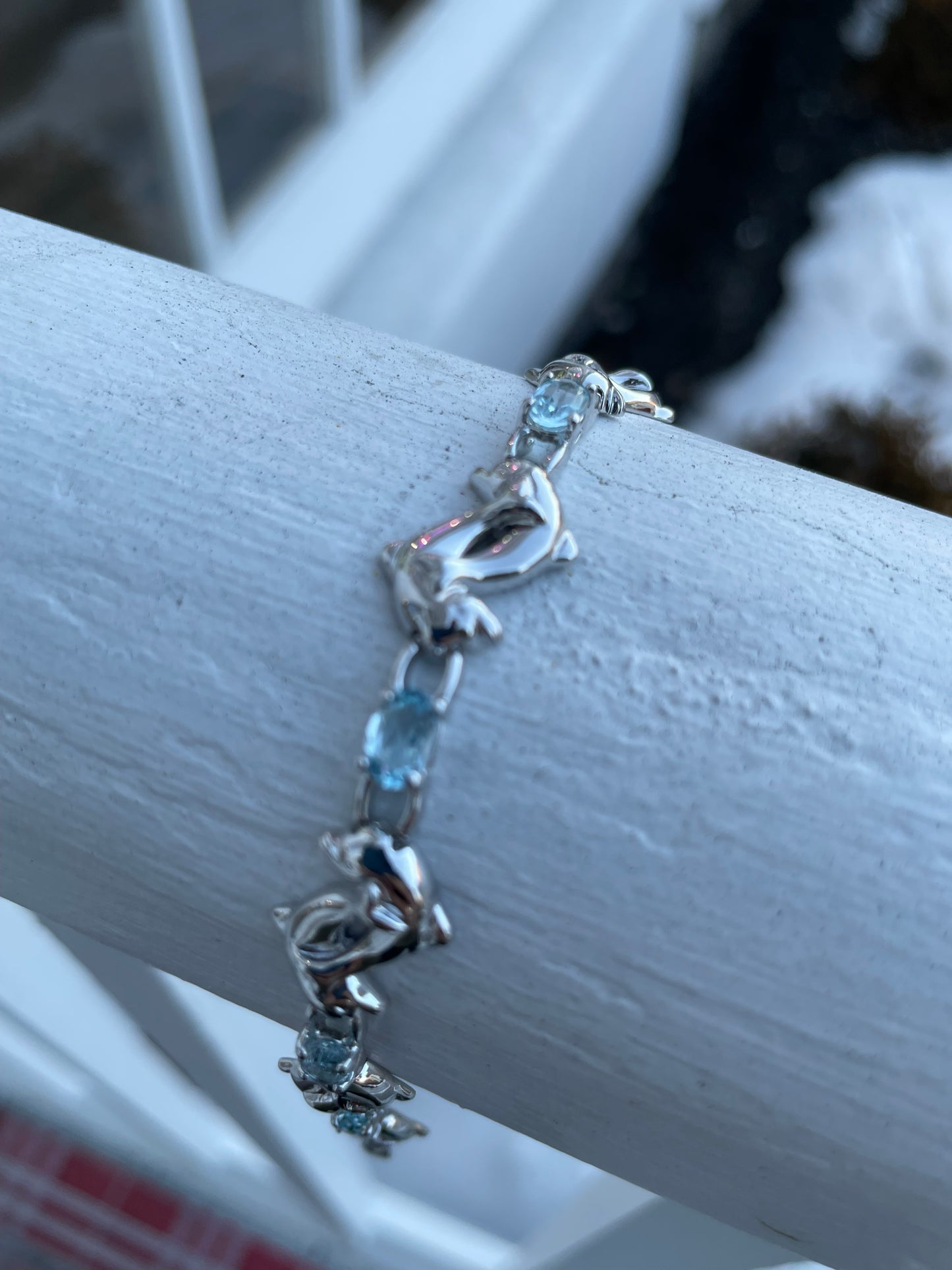 925 Silver Playful Dolphins Blue Topaz Bracelet 7.25”