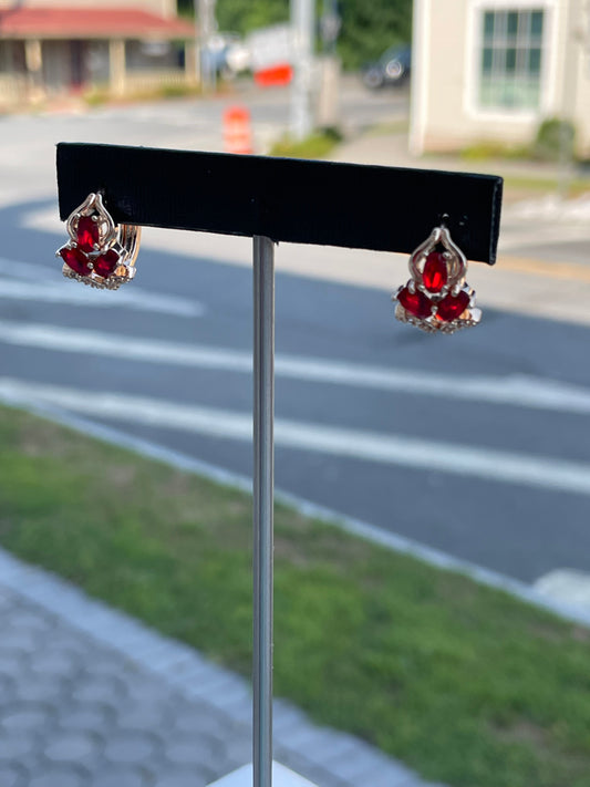 Stainless Steel Rose Vermeil Simulated Ruby Floral Huggie Earrings