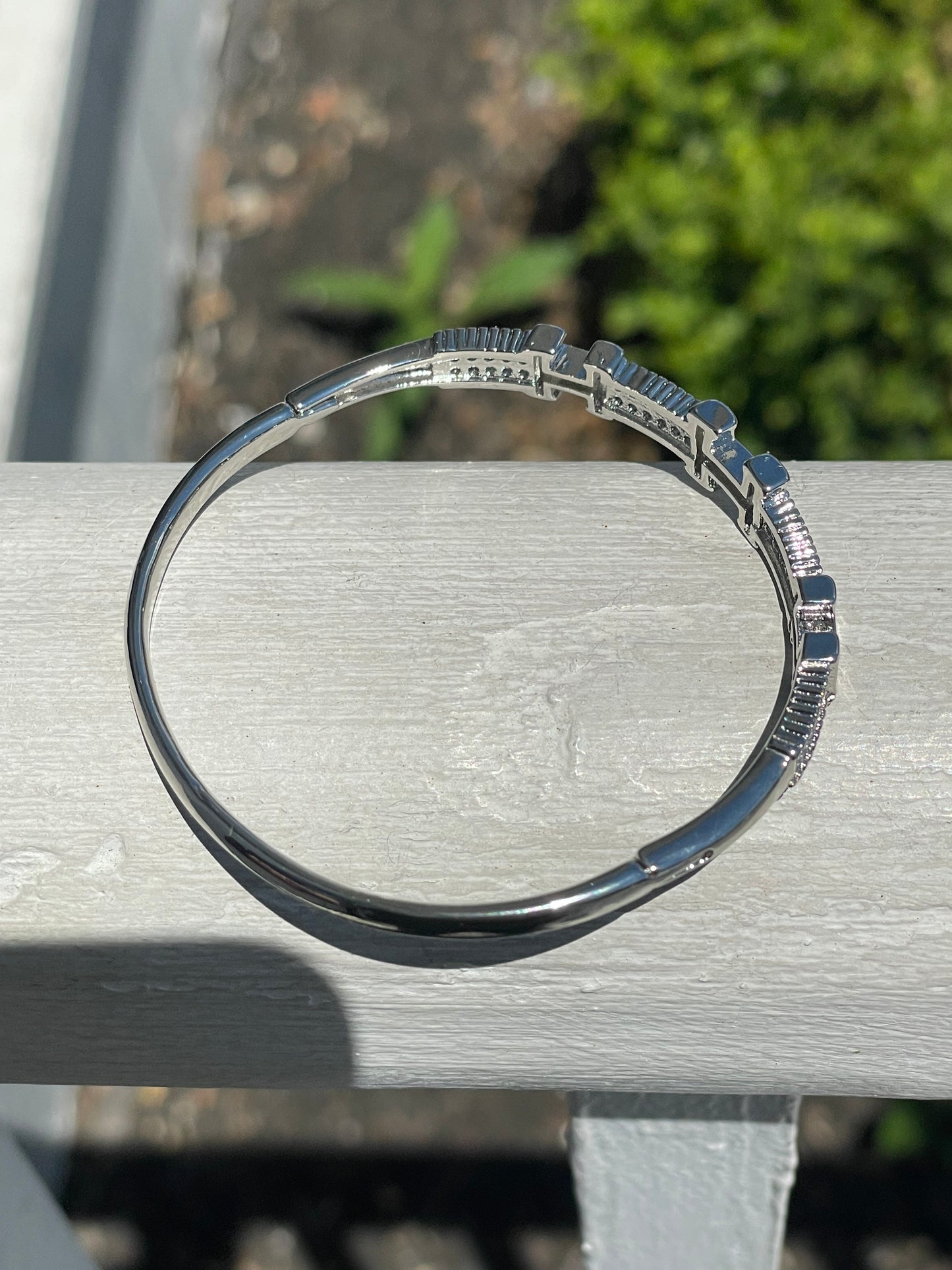 Stainless Steel Hermes Style H Logo Sparkling Cz Bangle Bracelet 7”