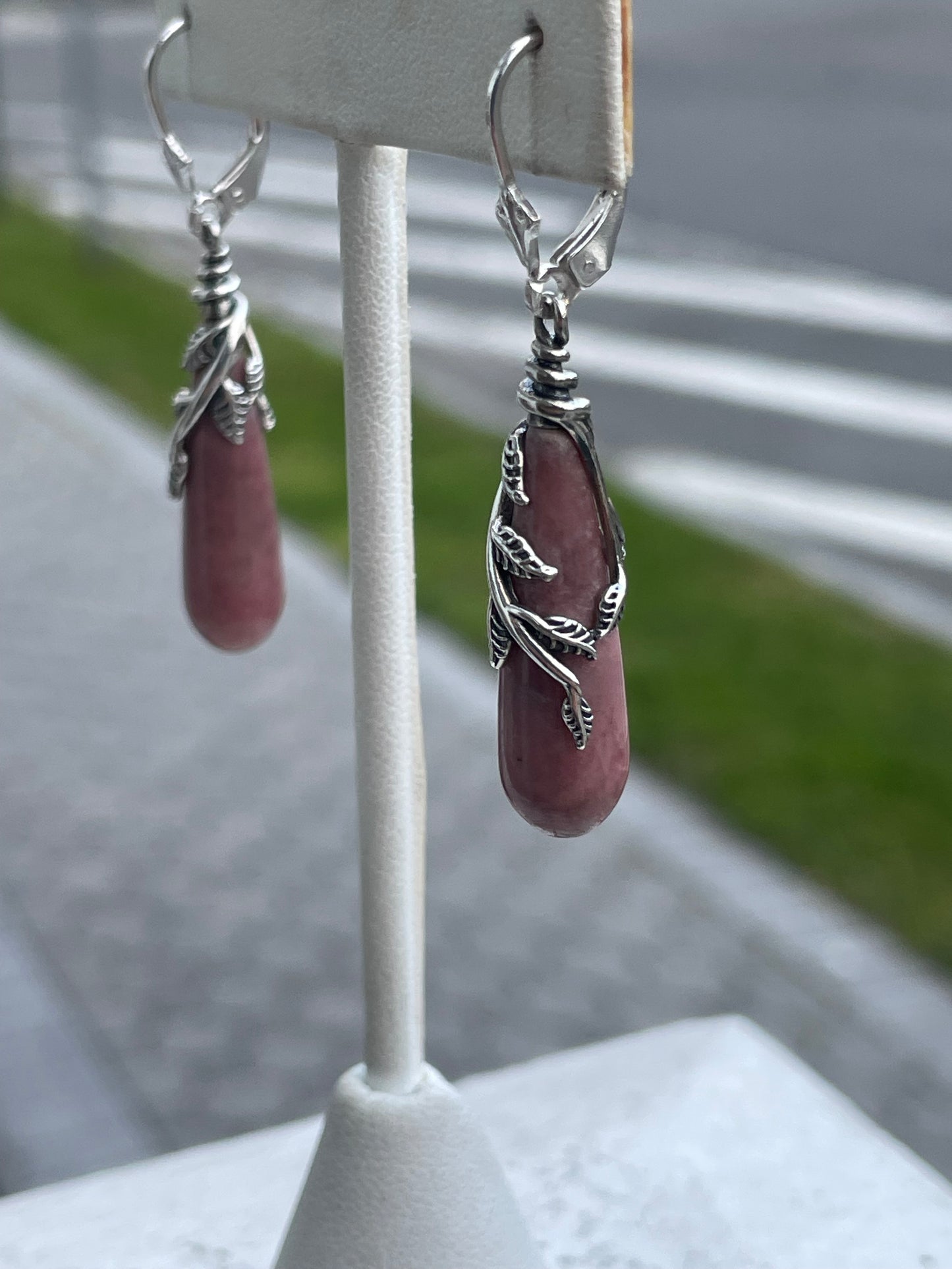 925 Sterling Silver Rhodochrosite Elongated Stone Dangle Earrings