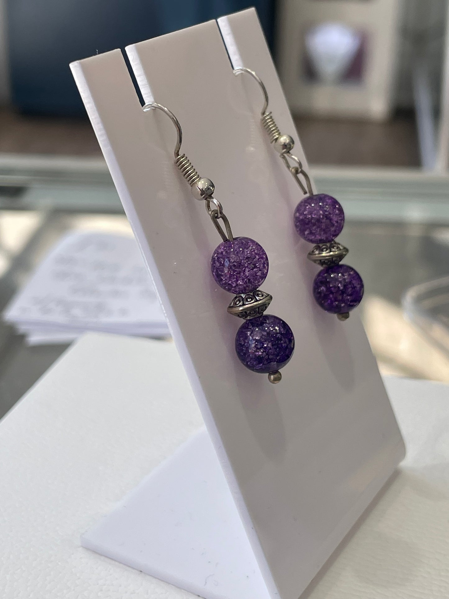 925 Sterling Silver Purple Disco Ball Bead Dangle Earrings