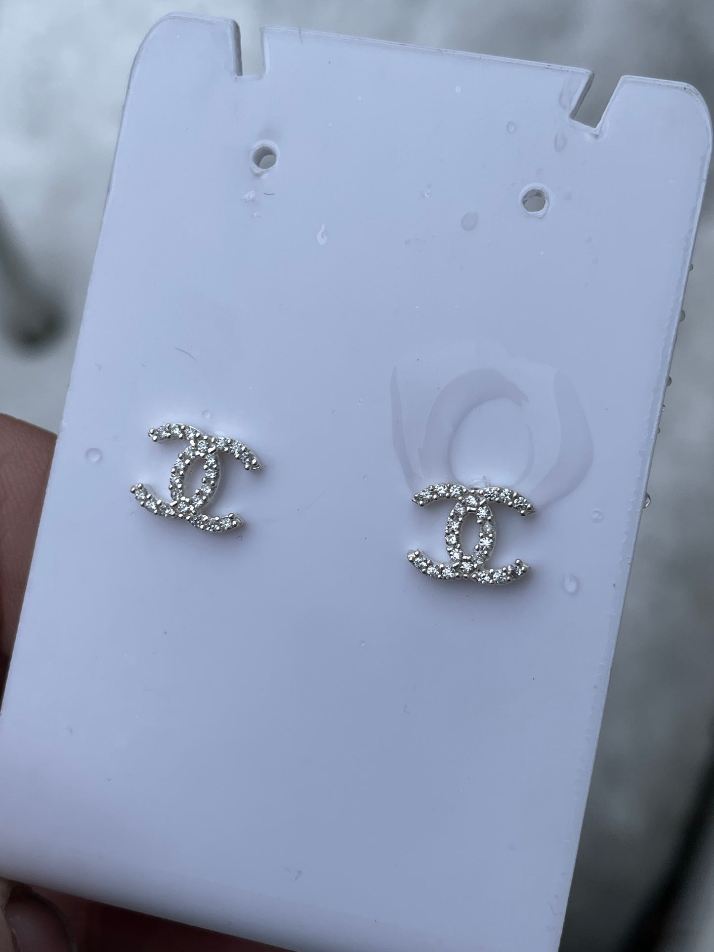 925 Sterling Silver Sparkling Petite Chanel Logo CC Stud Earrings (K11)