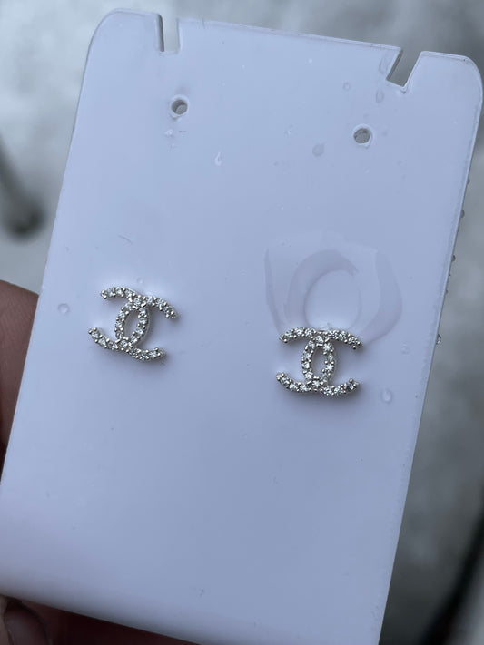 925 Sterling Silver Sparkling Petite Chanel Logo CC Stud Earrings (K11)