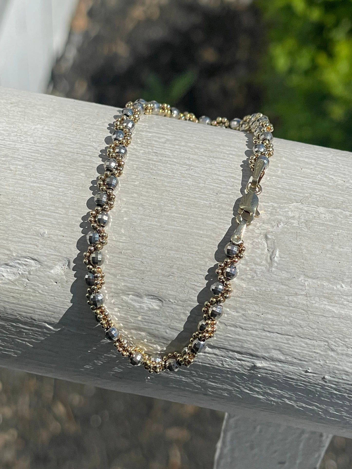 14k White & Yellow Gold Braided Beaded Bracelet 7”
