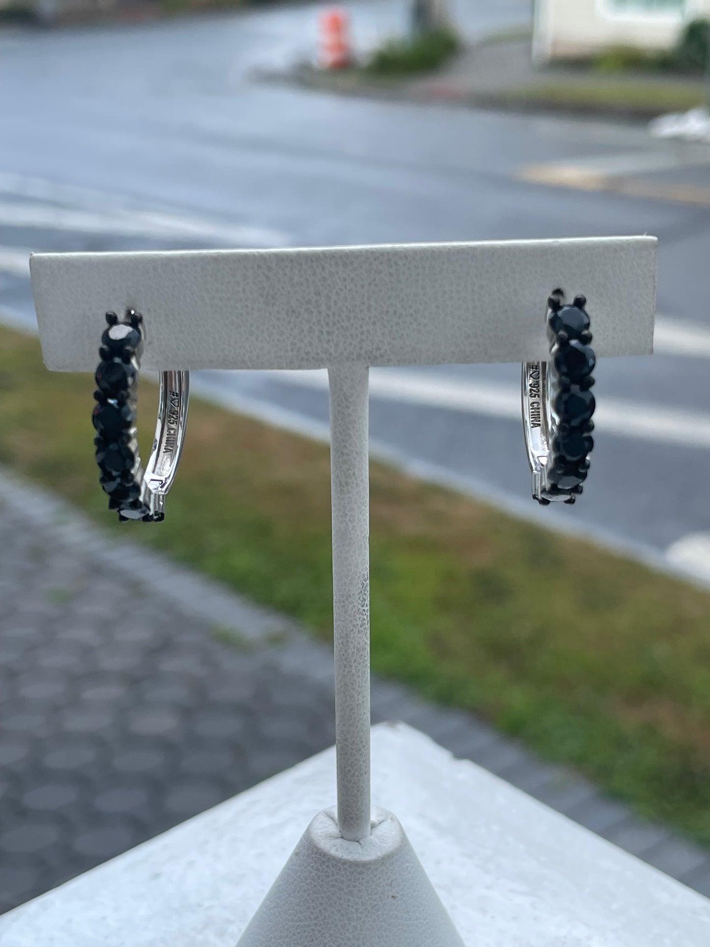 925 Sterling Silver Black Zirconia Hoop Earrings