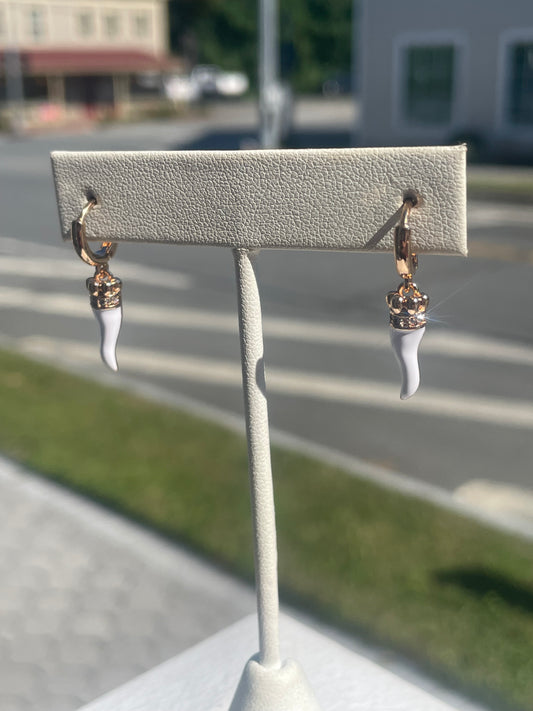 Stainless steel gold plated White enamel Italian horn dangle earrings