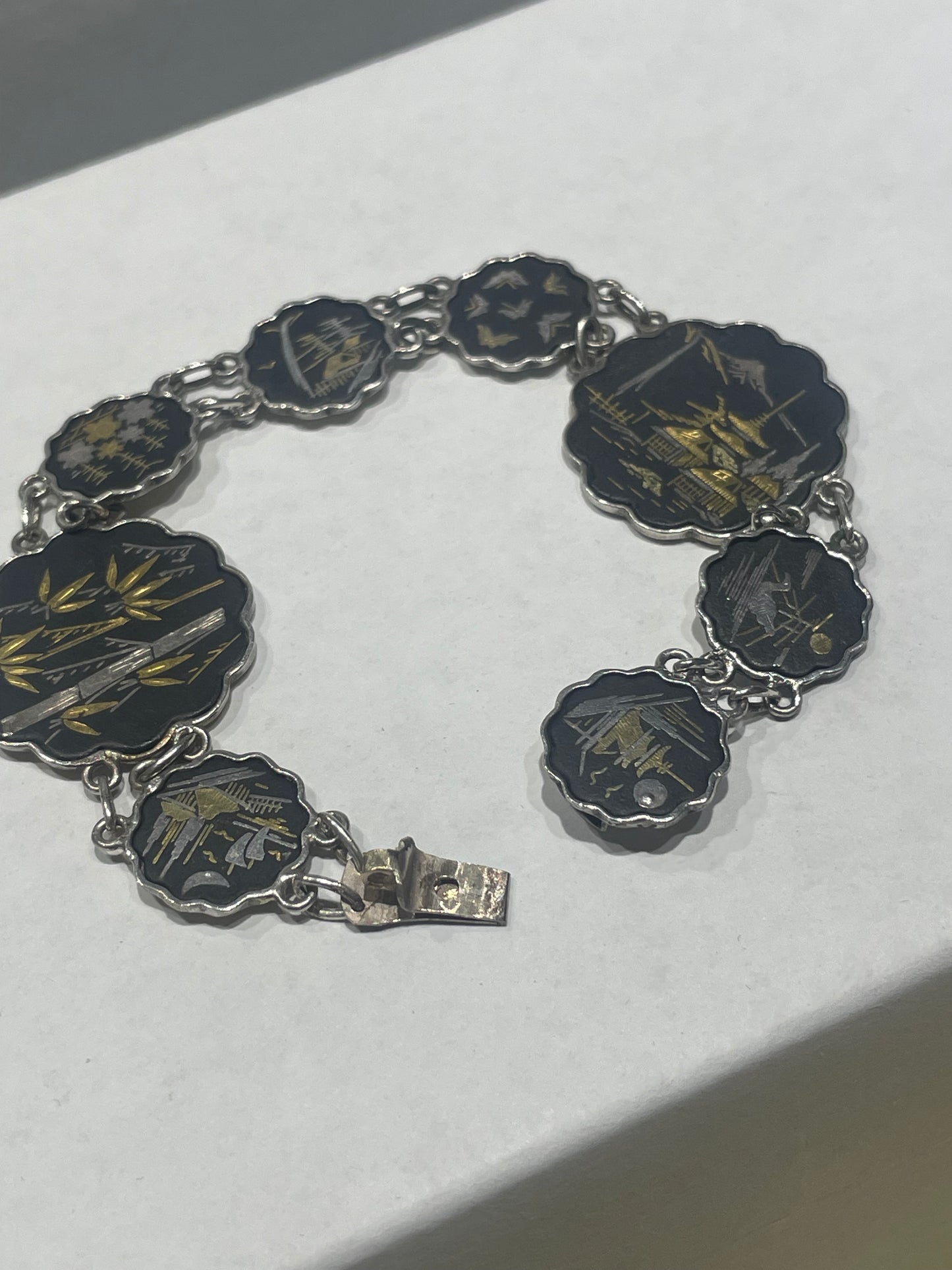Designer Amita 925 Sterling Silver & 24k gold Japanese Etched Tile Bracelet 7”