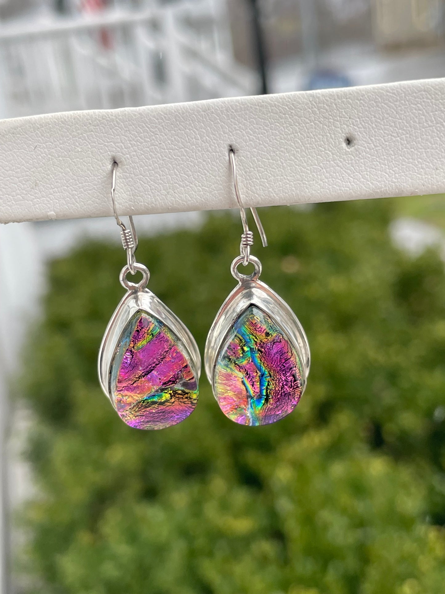925 Sterling Silver Florescent Dichroic Glass Pear Shape Drop Earrings