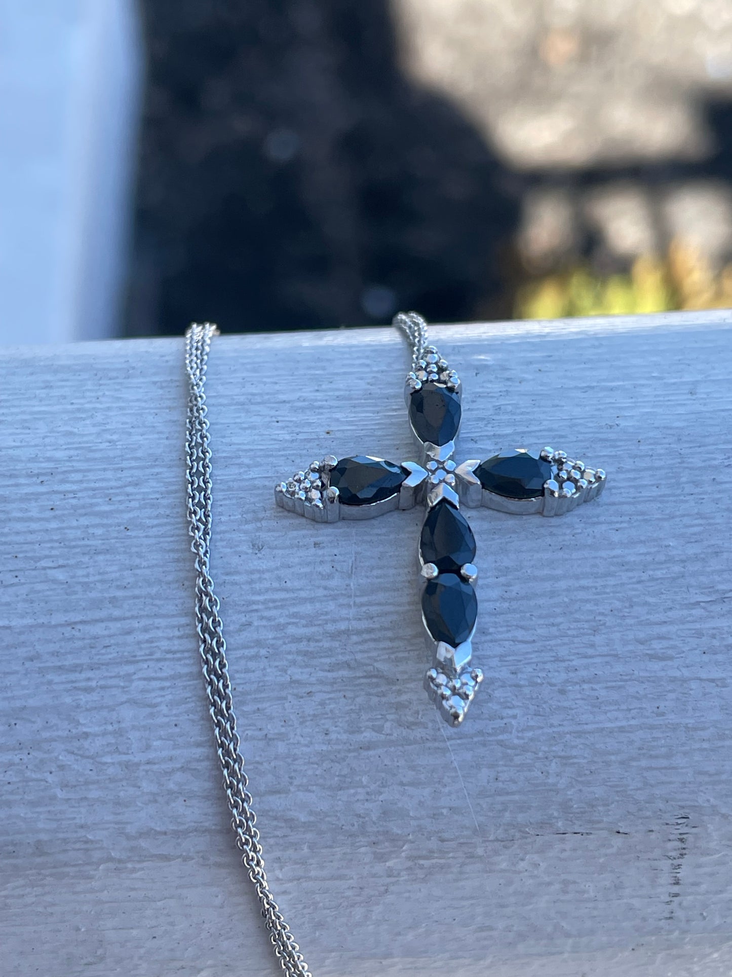 925 Sterling Silver Natural Sapphire Cross Necklace 18”