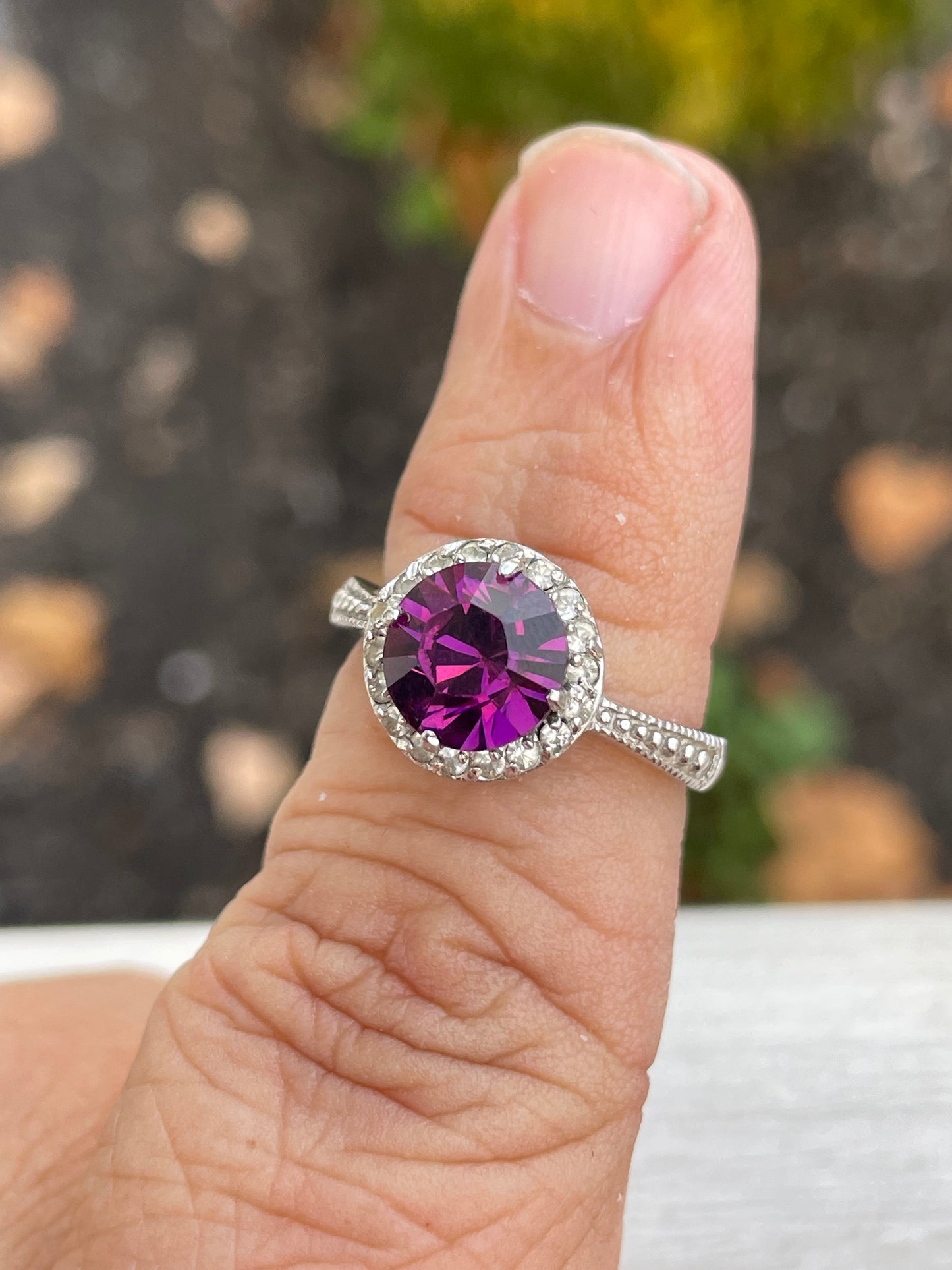 925 Sterling Silver Purple Crystal Ring Size 7