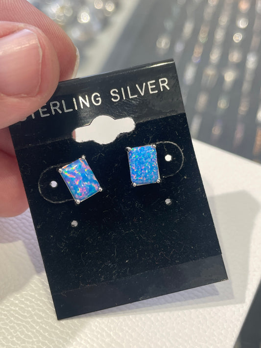 925 Sterling Silver Blue Opal Rectangle Stud Earrings