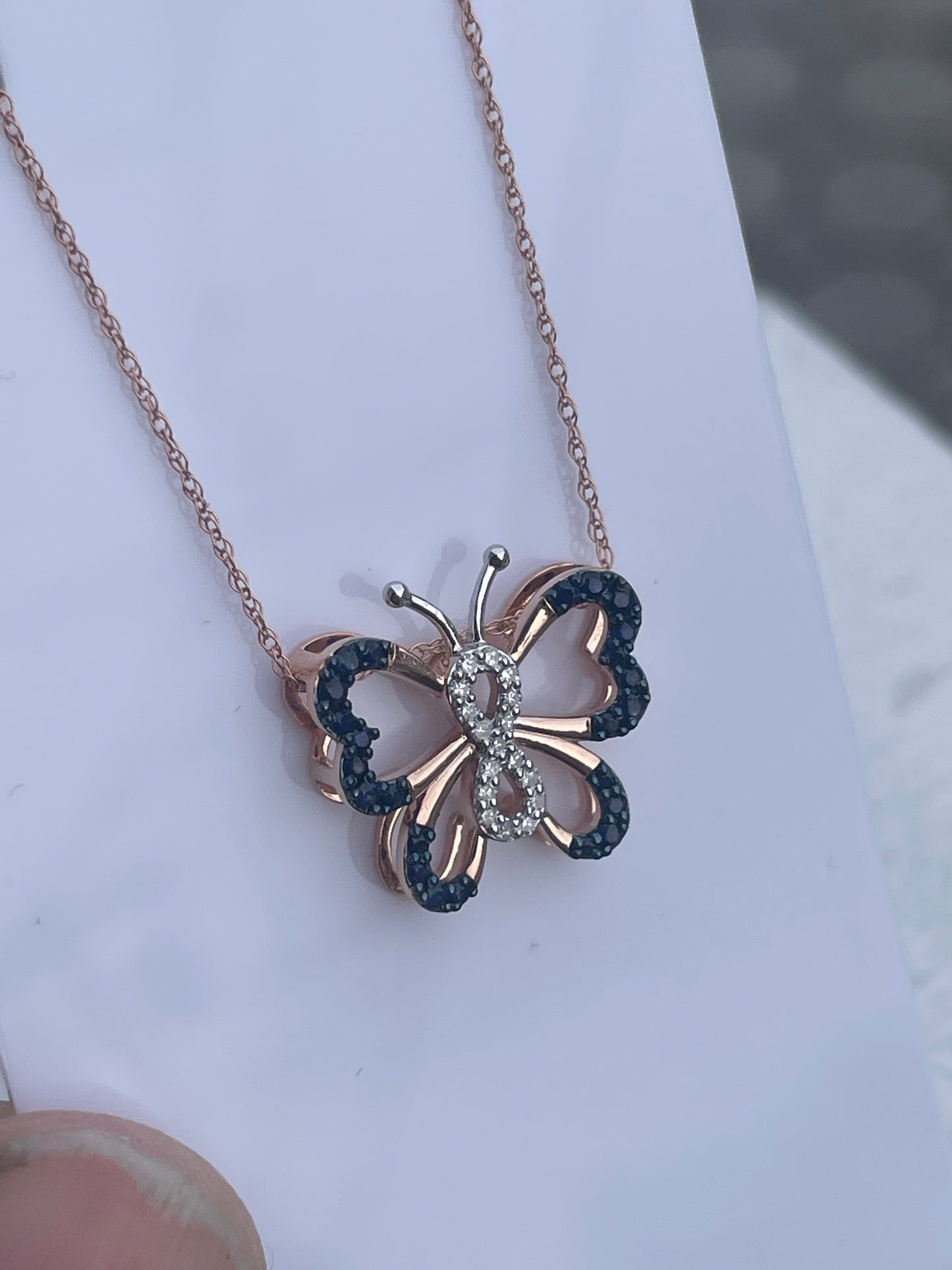 10k Rose Gold Natural Sapphire & Diamond Butterfly Necklace 18”