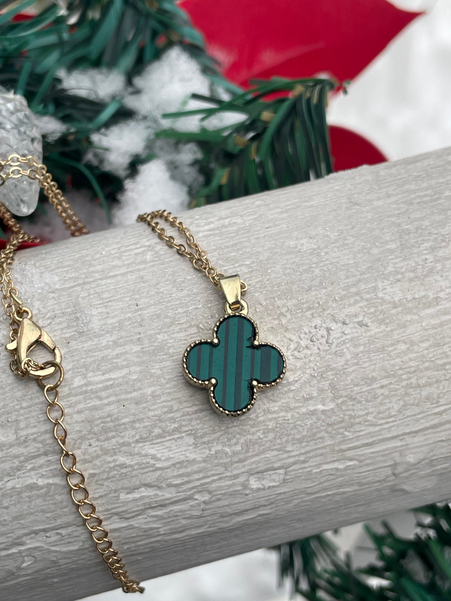 Stainless Steel Gold Plated Malachite Van Vleef Style Clover Necklace