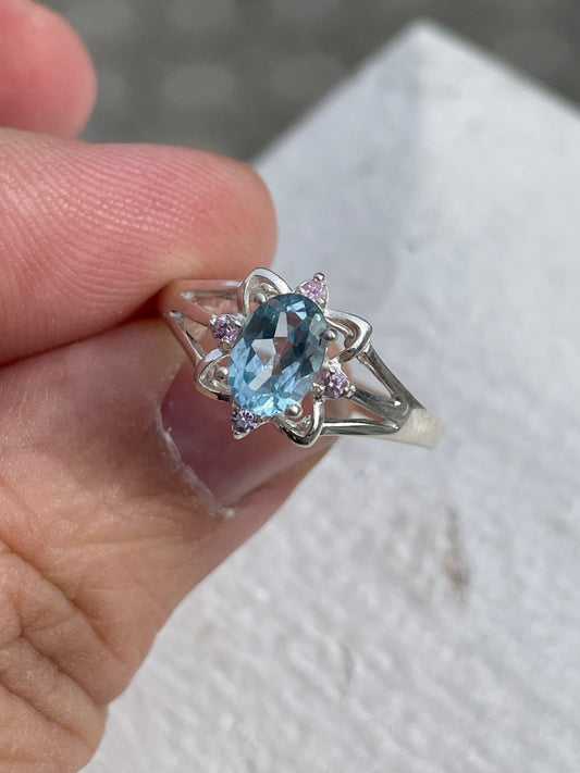 925 Sterling Silver Blue Topaz & Pink Cz Cluster Ring Size 7