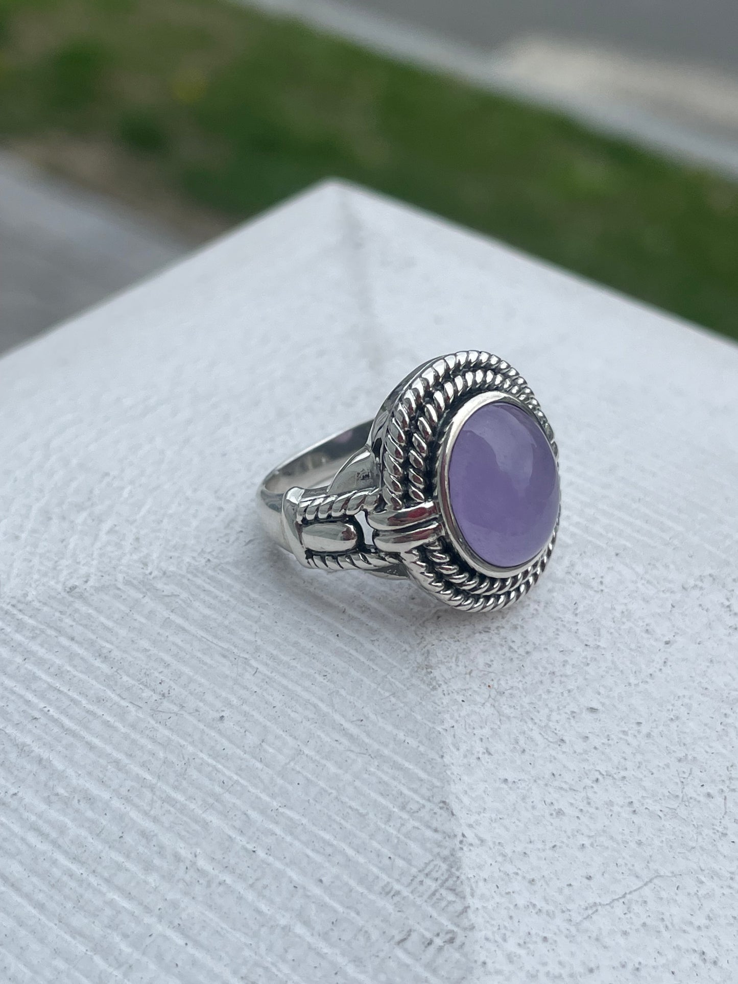 Designer CNA 925 Sterling Silver Lavender Jade Solitaire Statement Ring Size 7