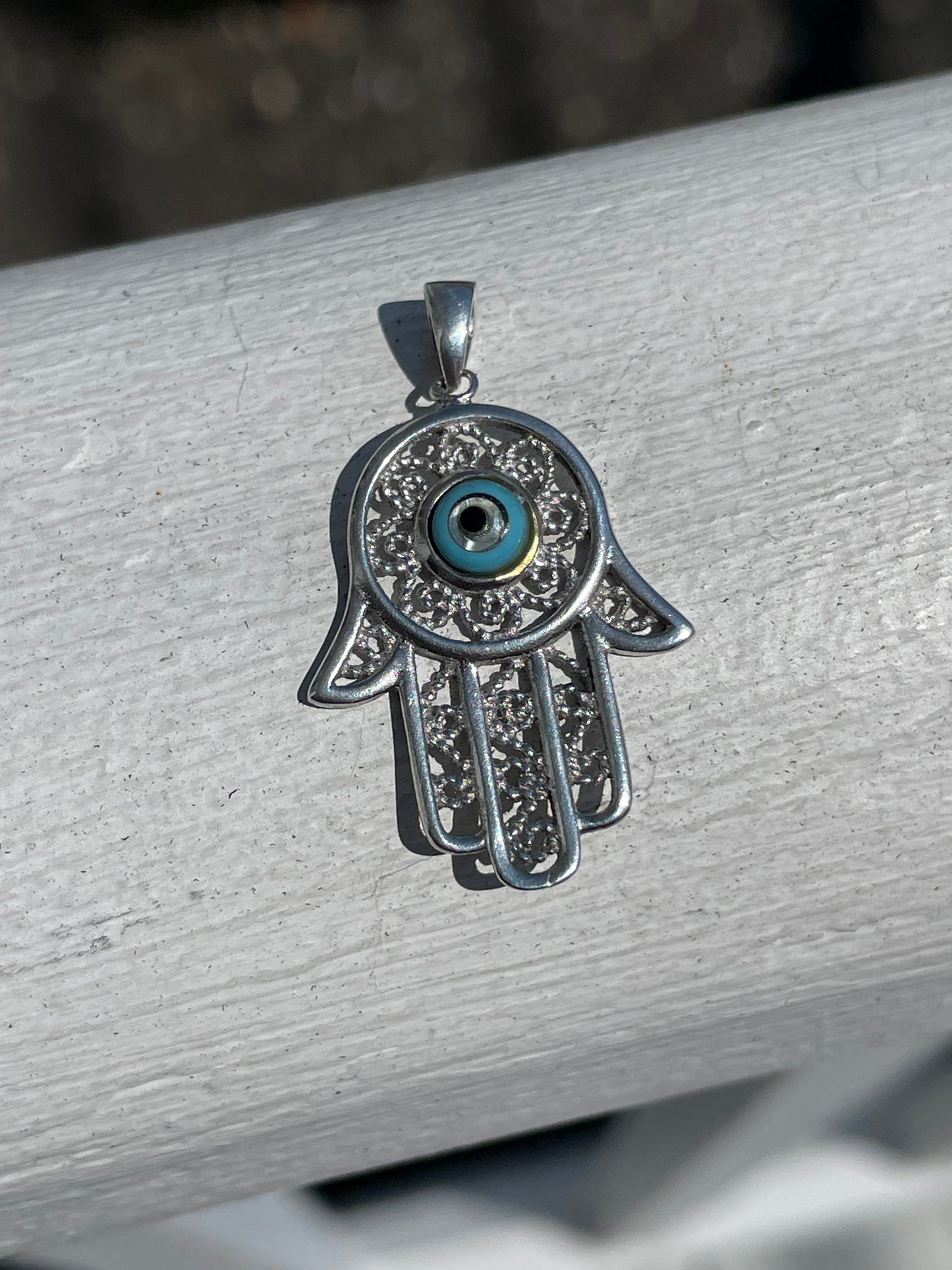 925 Sterling Silver Filigree Hamsa Evil Eye Pendant