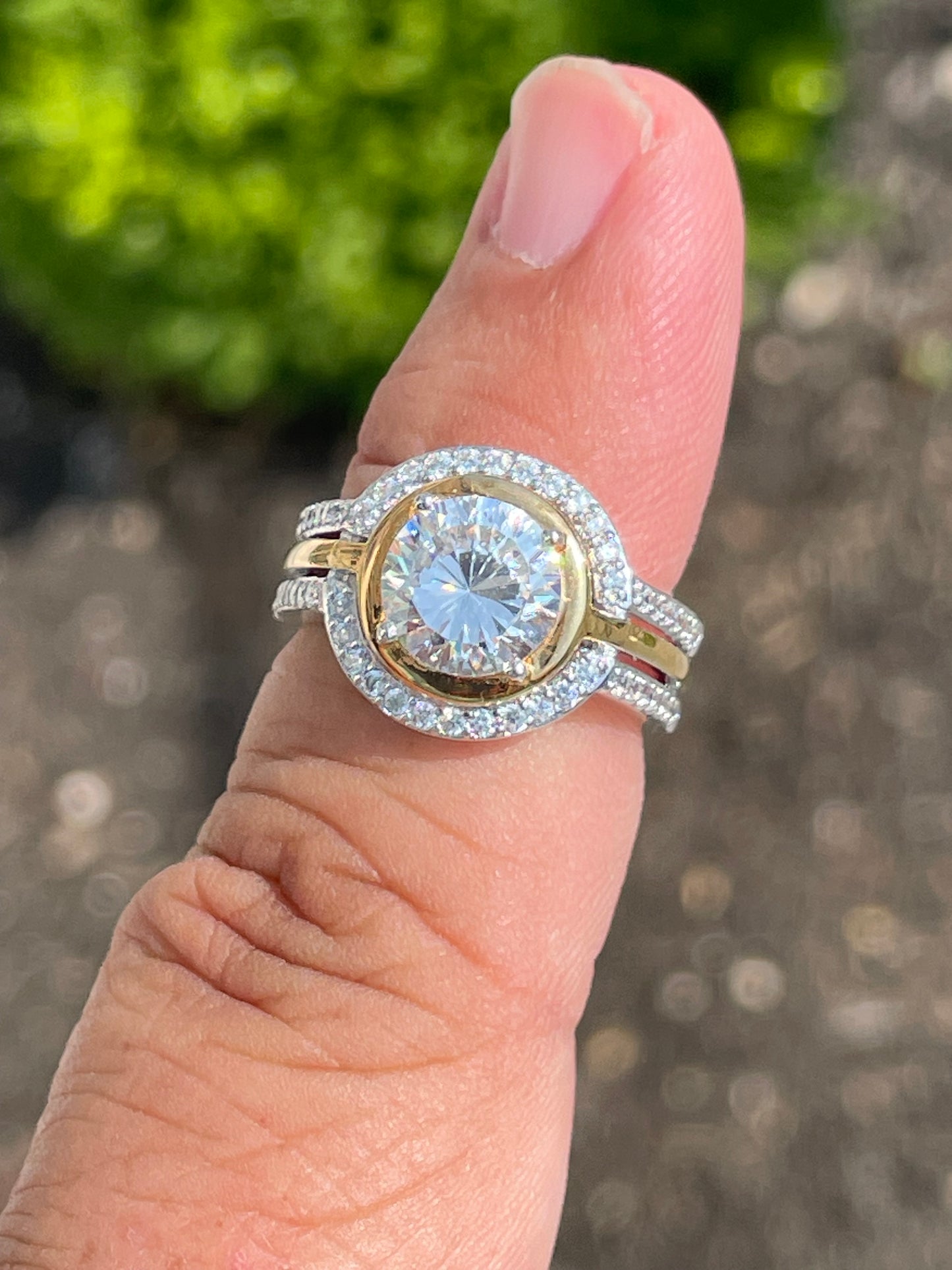 925 Sterling Silver & Vermeil 2tone Large Cz Insert Ring with Halo