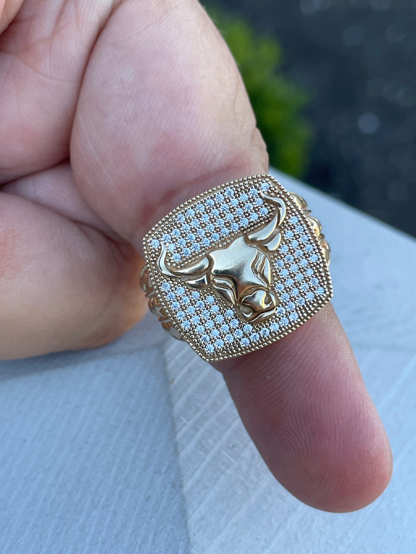 10k Gold Men’s Brahma Bull Sparkling Zirconia Signet Ring Size 9