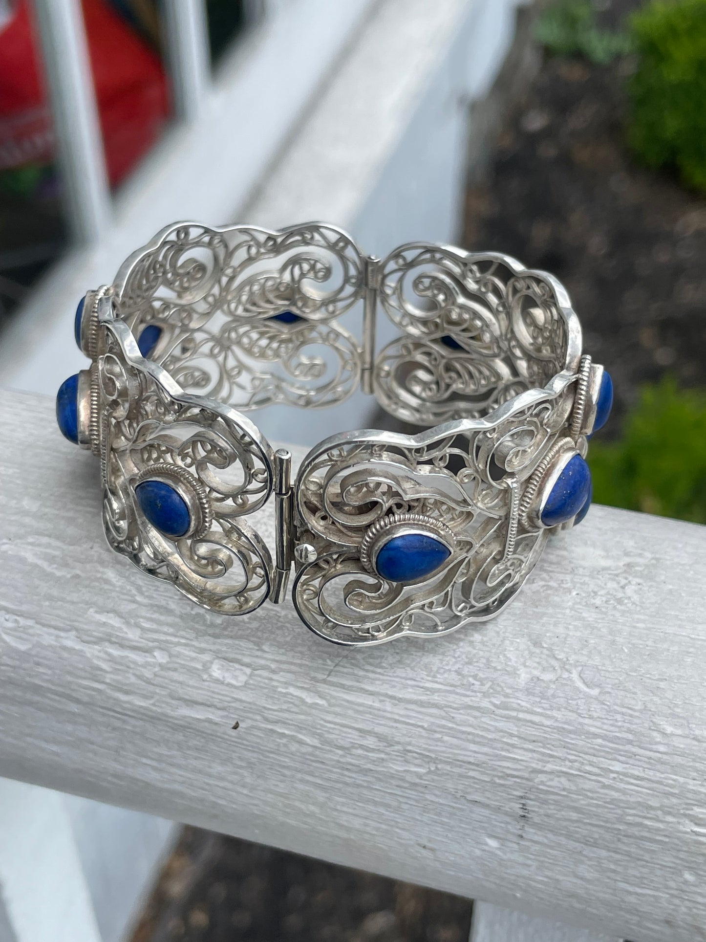 Designer BJ 925 Sterling Silver Open Filigree Blue Lapis Cuff Bracelet 7”