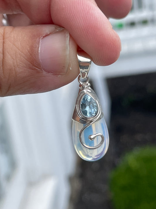 925 Sterling Silver Opalescent & Blue Topaz Teardrop Pendant