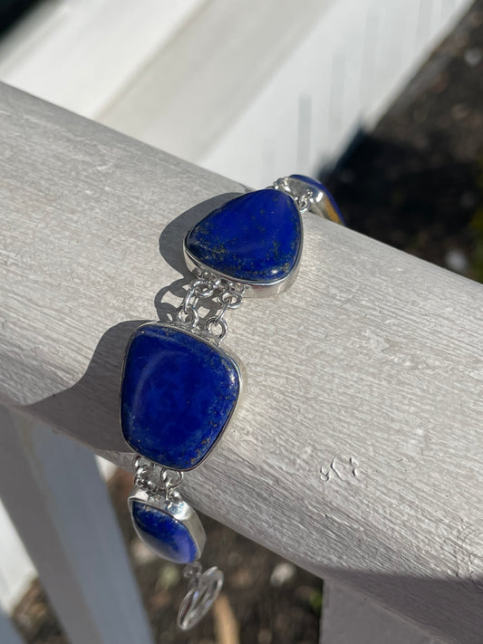Natural Large Stone 925 Sterling Silver Blue Lapis Bracelet