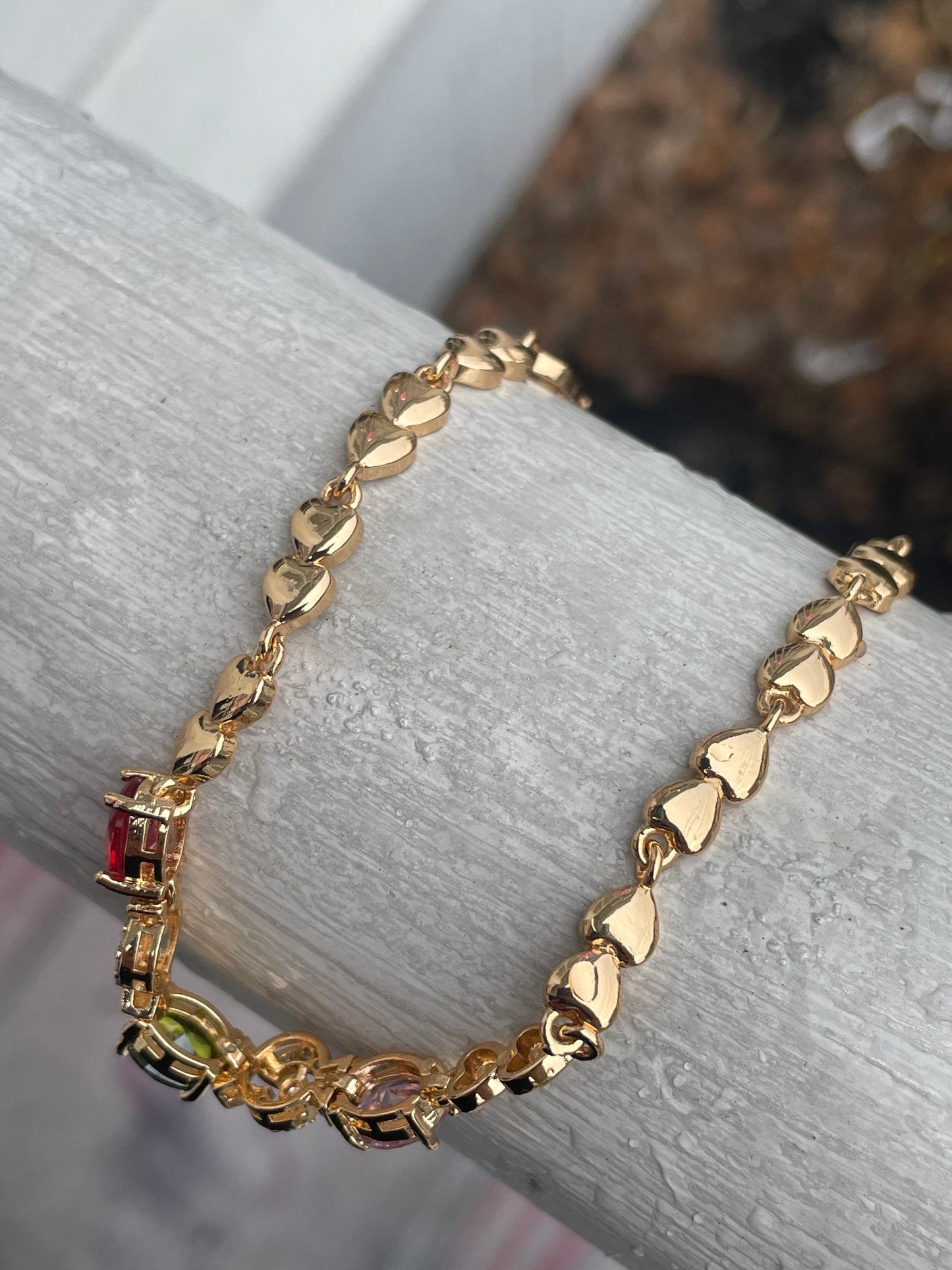 Gold Plated triple color stone heart bracelet 7.5”