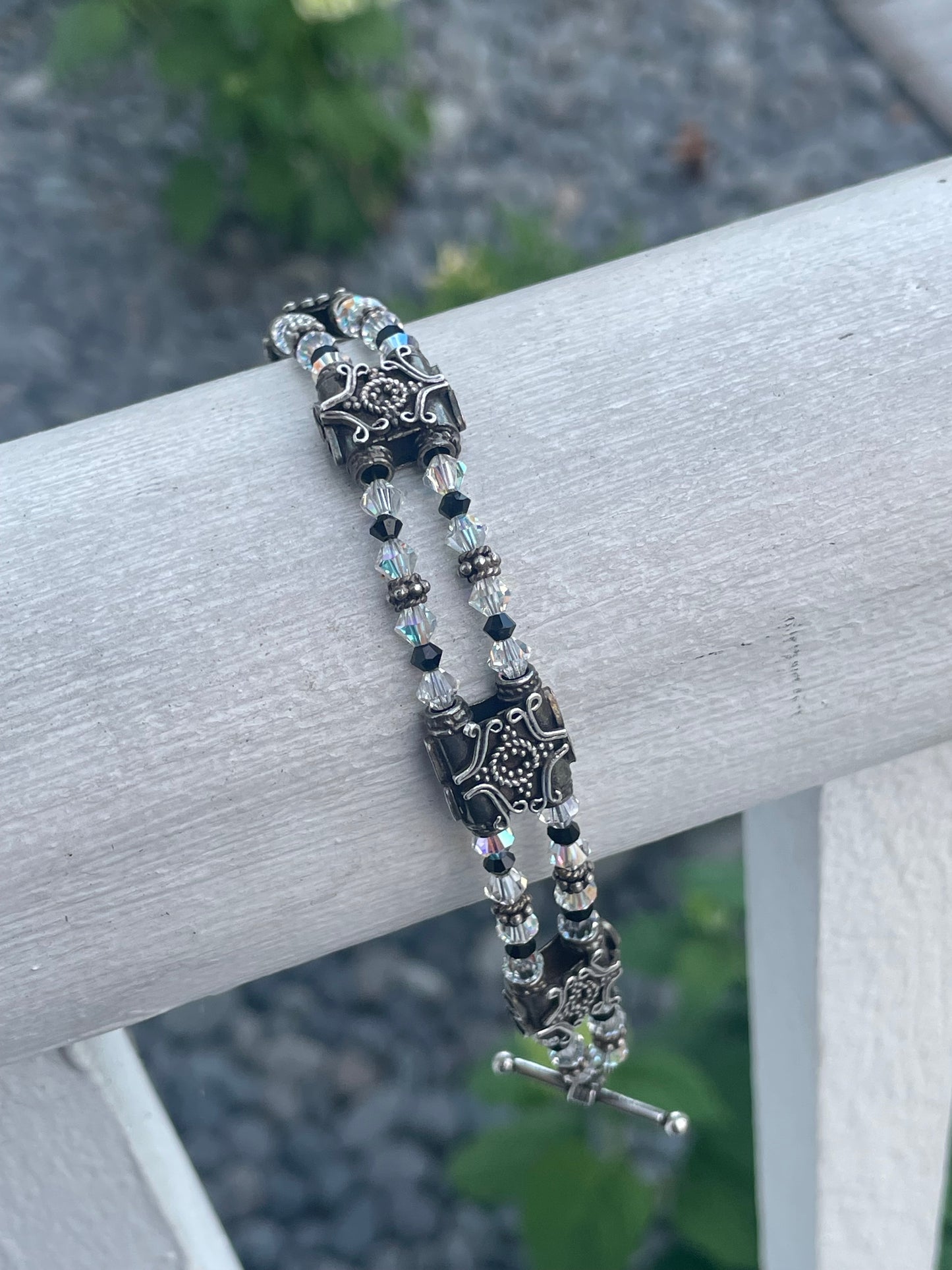 925 Sterling Silver Victorian Filigree Clear & Black Crystal Station Bracelet 8”