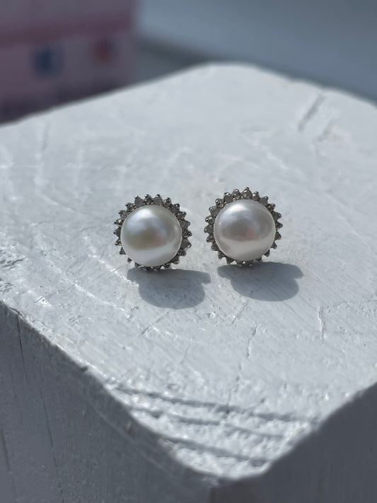 925 Sterling Silver Pearl & Cz Stud Earrings