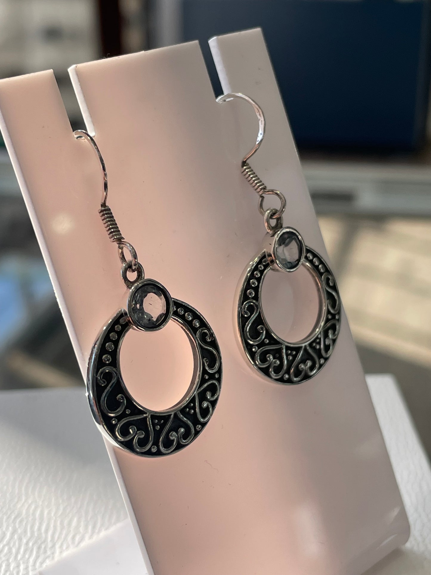 925 Sterling Silver Blue Topaz Bali Style Dangle Earrings