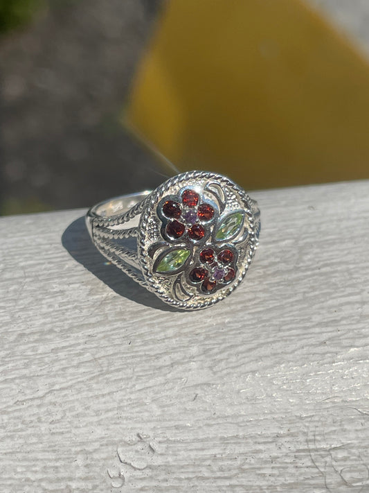Designer Hallmark 925 Sterling Silver Signet Stone Flower Ring w/ Garnet, Peridot, and Amethyst