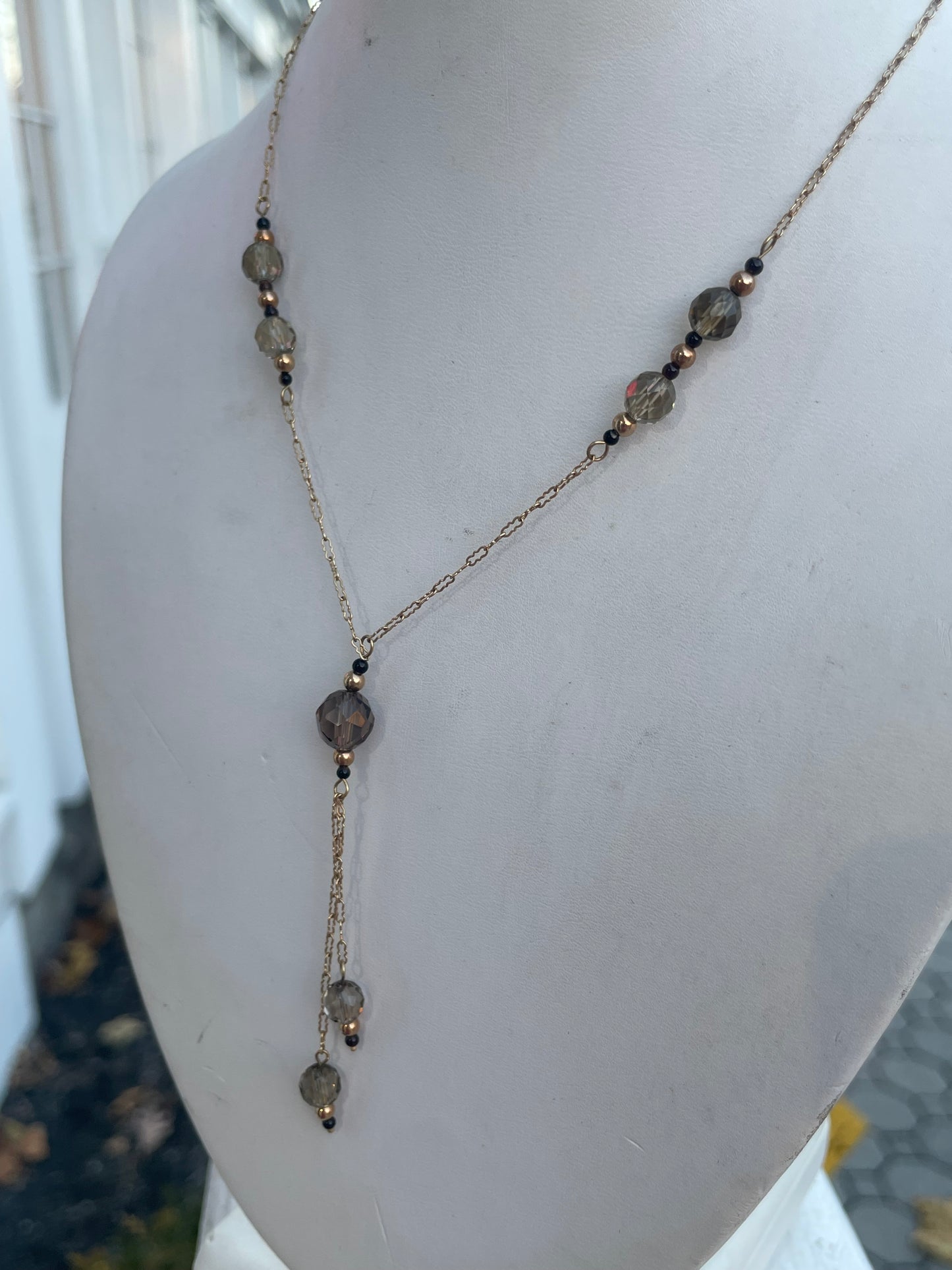10k Gold Smoky Quartz & Black Onyx Beaded Plunge Necklace 15.5”