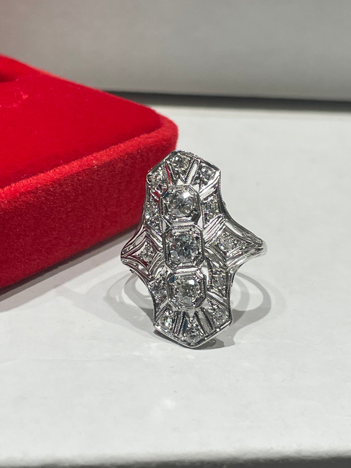 Antique Platinum Art Deco Past Present Future Ring Size 7.5