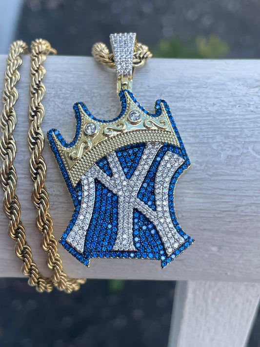 Stainless Steel & Yellow Brass King of New York Yankees Logo Sparkling Necklace