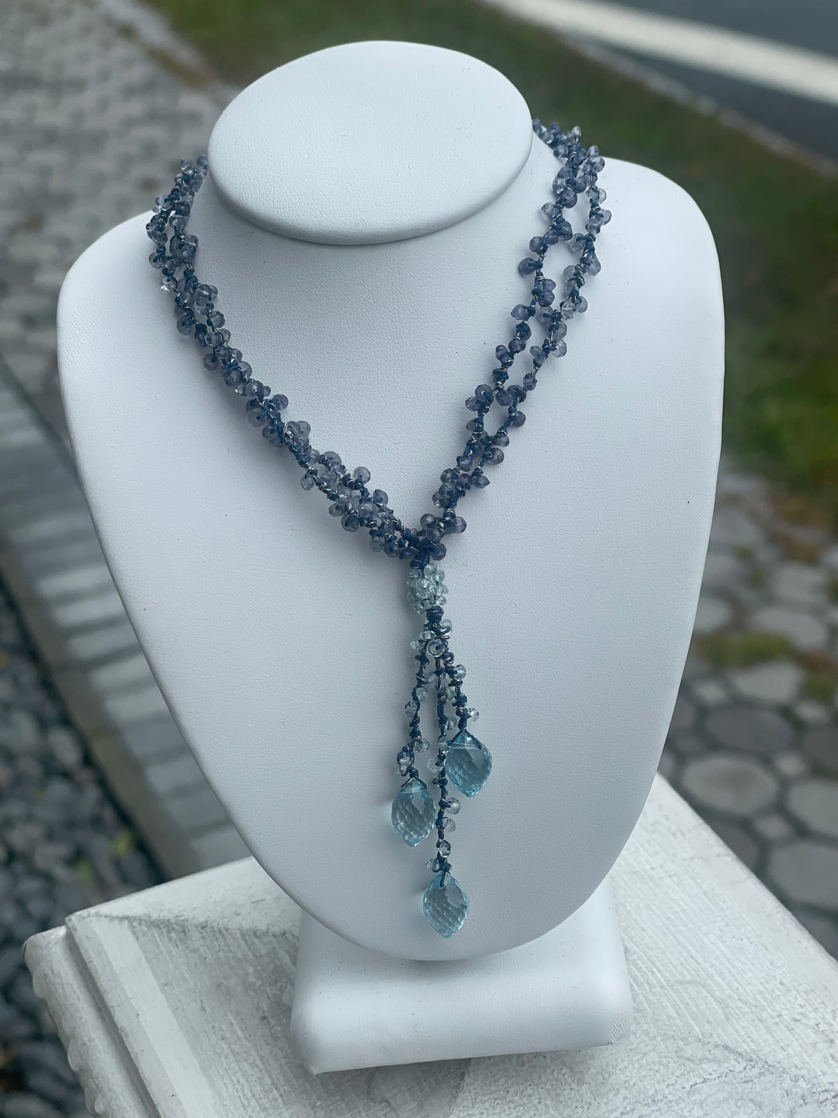 Blue Topaz & Tanzanite Beaded Drop Necklace 15”