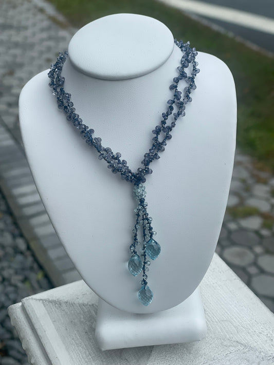 Blue Topaz & Tanzanite Beaded Drop Necklace 15”