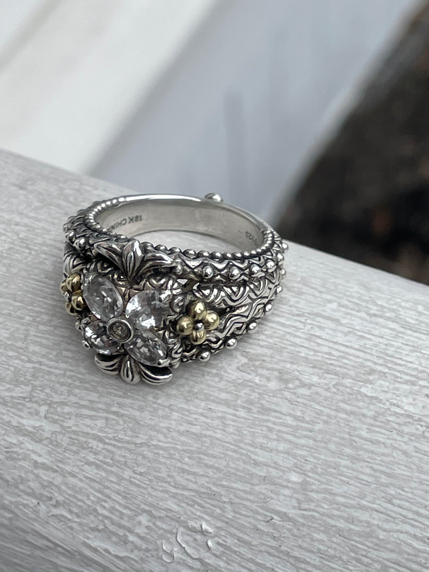 Designer Barbara Bixby Silver & 18k Gold White Topaz Clover Ring Size 9