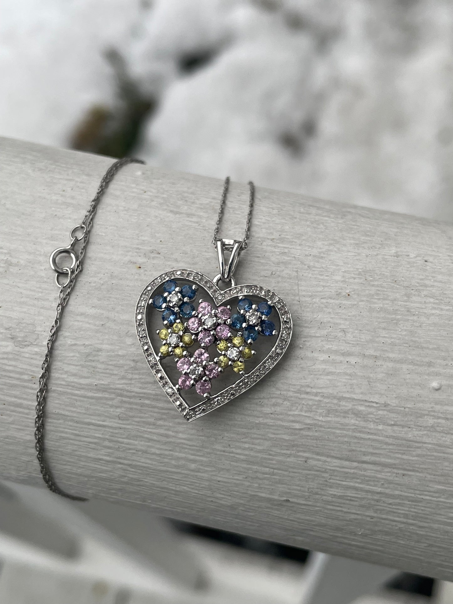 10k Gold Field Of Flowers Diamond Heart Necklace with Multi-Colored Stone Flowers (K23)