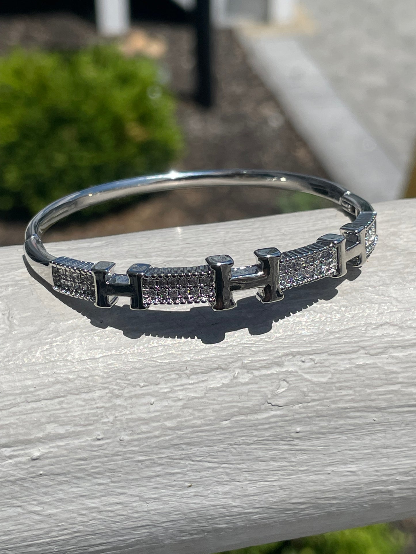 Stainless Steel Hermes Style H Logo Sparkling Cz Bangle Bracelet 7”