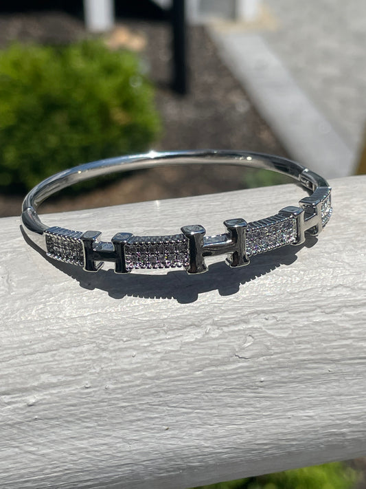 Stainless Steel Hermes Style H Logo Sparkling Cz Bangle Bracelet 7”