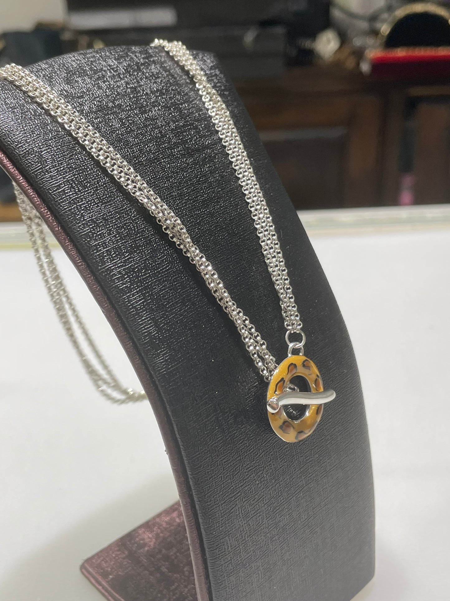 Designer Sigal 925 Sterling Silver Leopard Enamel Toggle Necklace