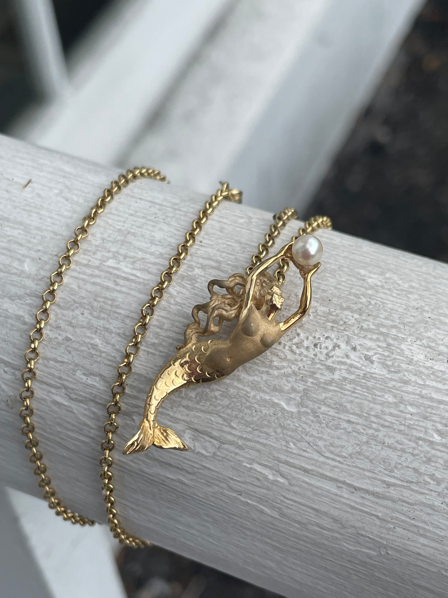 14k Solid Gold Handmade Freshwater Pearl Mermaid Necklace