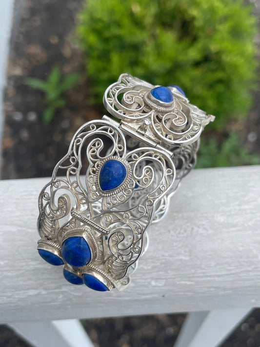 Designer BJ 925 Sterling Silver Open Filigree Blue Lapis Cuff Bracelet 7”