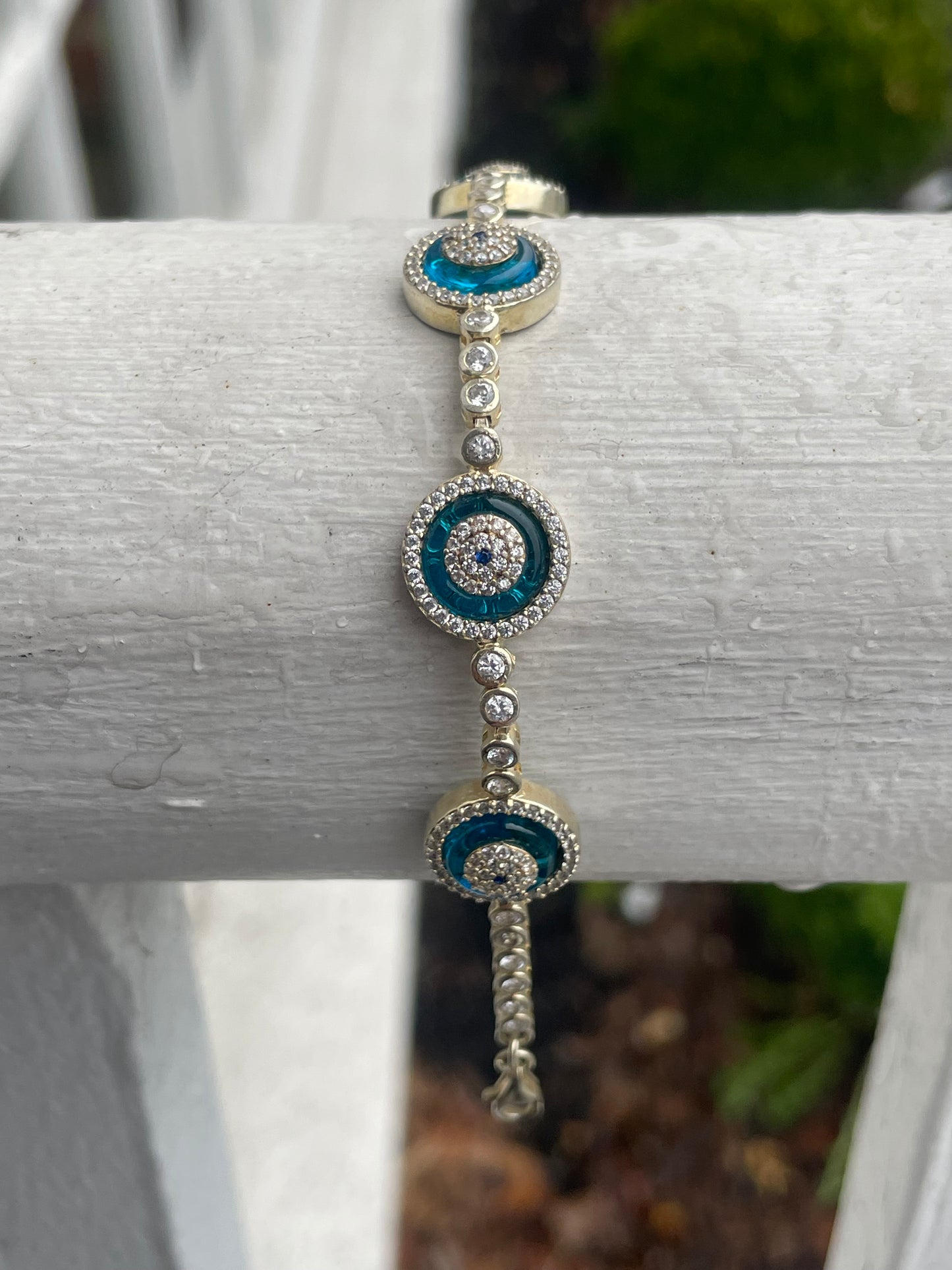 925 Sterling Silver Vermeil Blue Crystal Evil Eye Cz Tennis Bracelet 7”-8”
