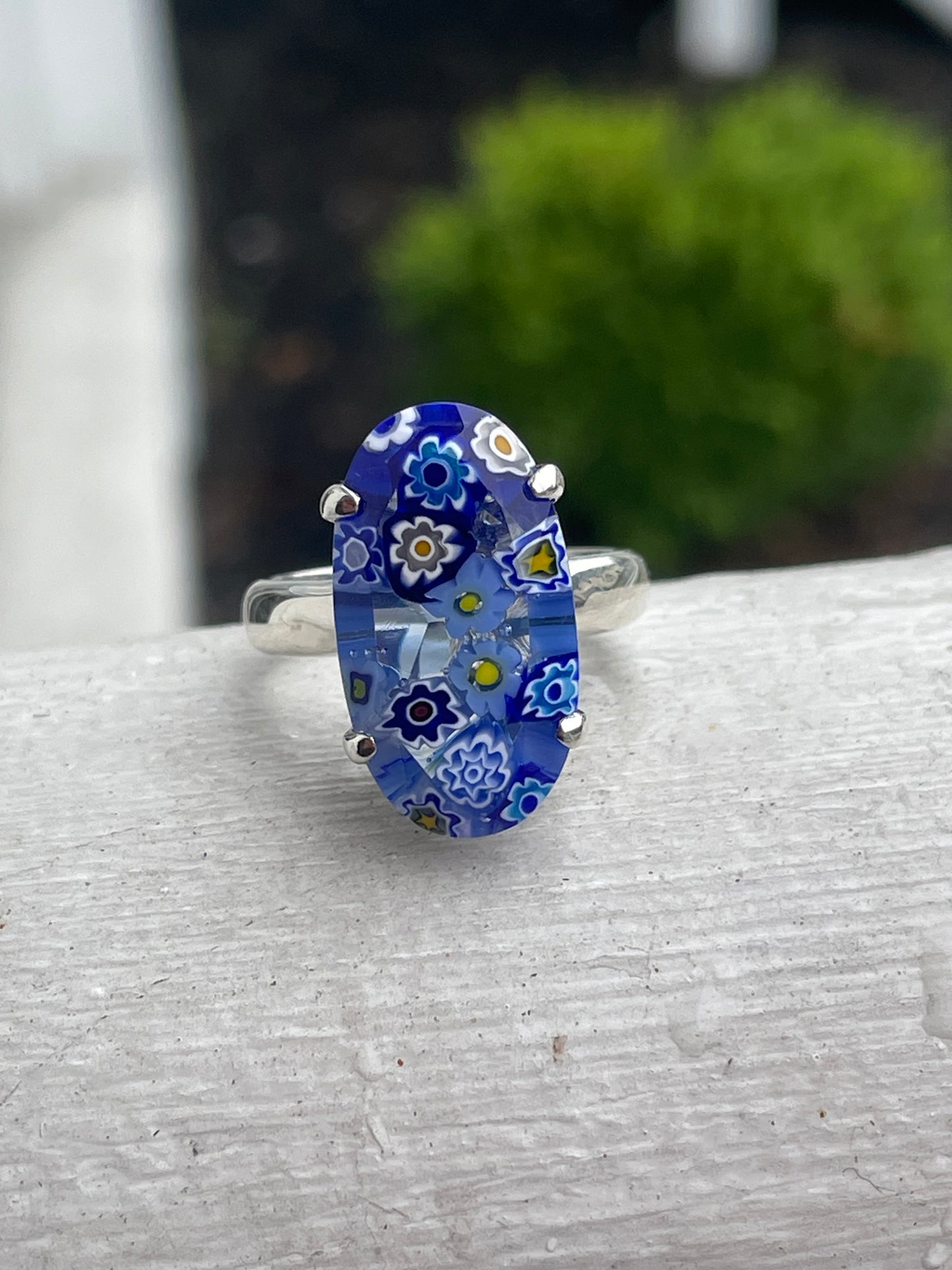 Designer Alan K 925 Sterling Silver Blue Oval Glass Millefiori Ring Size 7