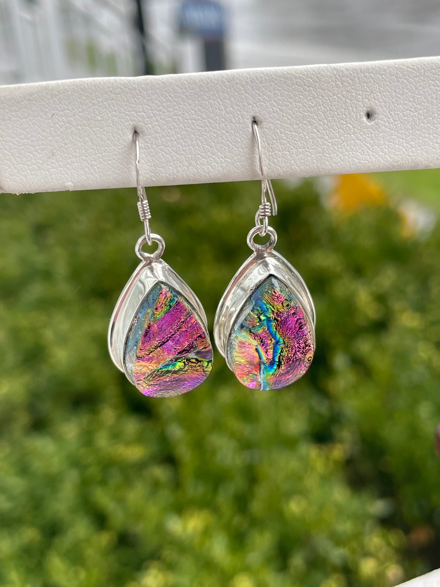925 Sterling Silver Florescent Dichroic Glass Pear Shape Drop Earrings